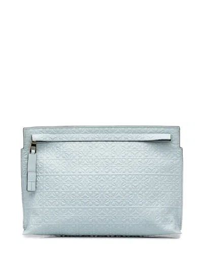 Pre-owned Loewe 2016 Embossed Anagram Leather Repeat T Clutch Bag In Blue