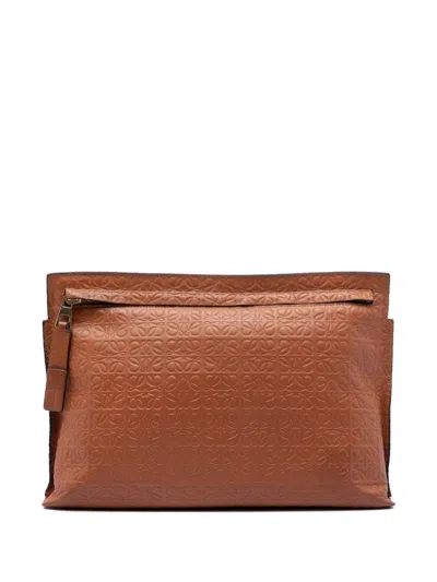 Pre-owned Loewe 2016 Embossed Anagram Leather Repeat T Clutch Bag In Brown
