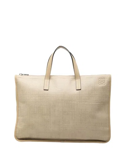 Pre-owned Loewe 2016 Embossed Leather Anagram Goya Briefcase Business Bag In Neutrals