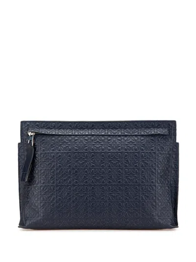 Pre-owned Loewe 2016 Embossed Leather Anagram Repeat T Clutch Bag In Blue