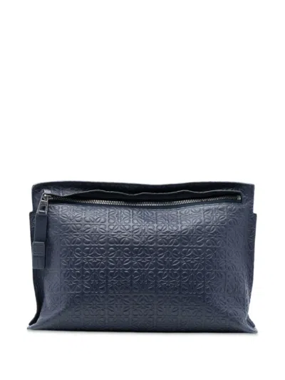 Pre-owned Loewe 2016 Embossed Leather Anagram Repeat T Clutch Bag In Blue