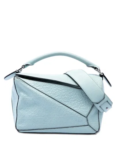 Pre-owned Loewe 2016 Small Anagram Embossed Calfskin Puzzle Satchel In Blue