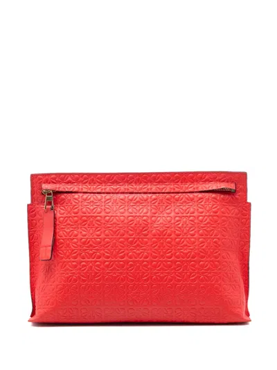 Pre-owned Loewe 2017 Embossed Anagram Leather Repeat T Clutch Bag In Red