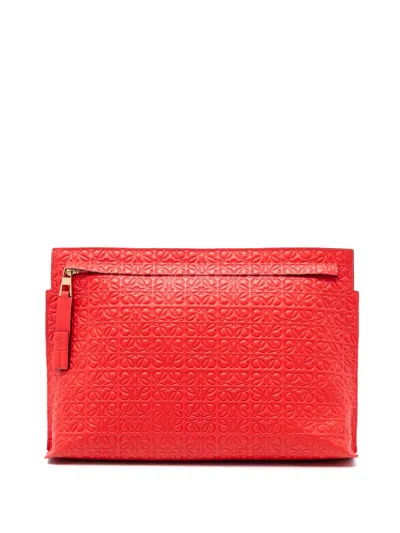Pre-owned Loewe 2017 Embossed Anagram Leather Repeat T Clutch Bag In Red