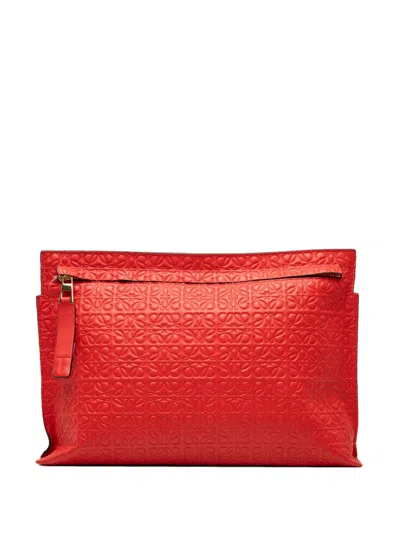 Pre-owned Loewe 2017 Embossed Calfskin Anagram Repeat T Pouch Clutch Bag In Red