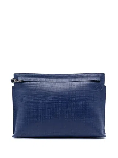 Pre-owned Loewe 2017 Large Linen Embossed Calfskin Anagram T Pouch Clutch Bag In Blue