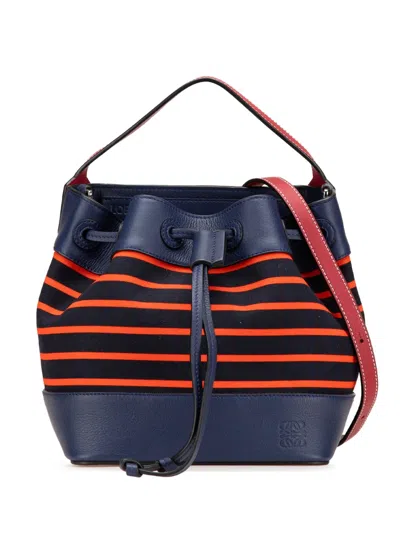 Pre-owned Loewe 2017 Leather And Stripe Canvas Midnight Bucket Bag In Blue
