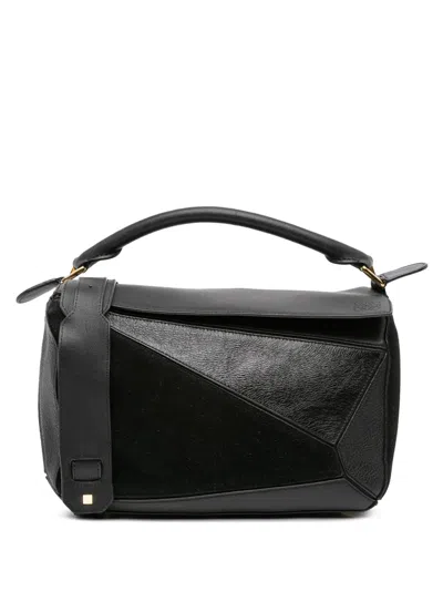 Pre-owned Loewe 2017 Medium Calfskin And Suede Puzzle Satchel In Black