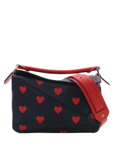 Pre-owned Loewe 2017 Small Calfskin Heart Puzzle Satchel In Black