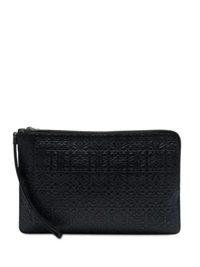 Pre-owned Loewe 2018 Embossed Anagram Calfskin Repeat Double Flat Pouch Clutch Bag In Black