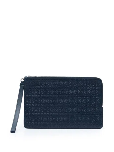 Pre-owned Loewe 2018 Embossed Anagram Calfskin Repeat Double Flat Pouch Clutch Bag In Blue