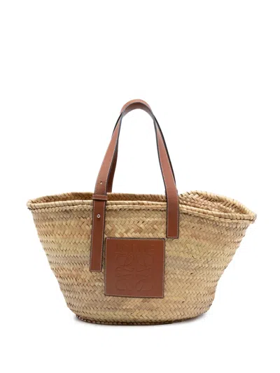 Pre-owned Loewe 2018 Medium Raffia Anagram Basket Tote Bag In Neutral