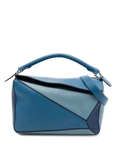 Pre-owned Loewe 2018 Medium Tricolor Calfskin Puzzle Satchel In 蓝色