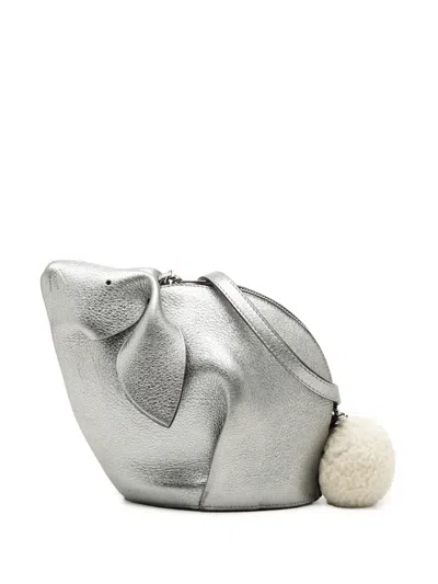 Pre-owned Loewe 2018 Mini Metallic Calfskin Shearling Bunny Crossbody Bag In Silver