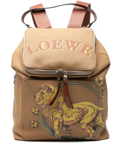 Pre-owned Loewe 2018 Paulas Ibiza Large Leather Lion And Floral Print Goya Backpack In Brown