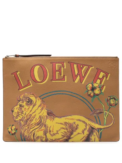 Pre-owned Loewe 2018 Paulas Ibiza Leather Lion And Floral Print Clutch Bag In Brown