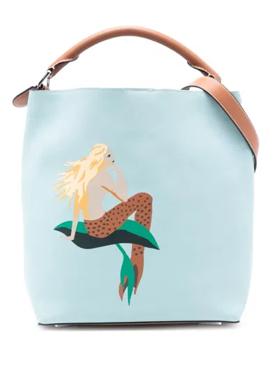 Pre-owned Loewe 2018 Paulas Ibiza Mermaid Print Leather Bucket Bag In Blue