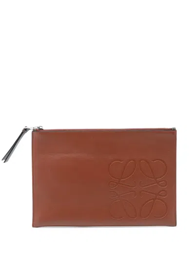 Pre-owned Loewe 2018-2026 Leather Anagram Flat Pouch Clutch Bag In Brown