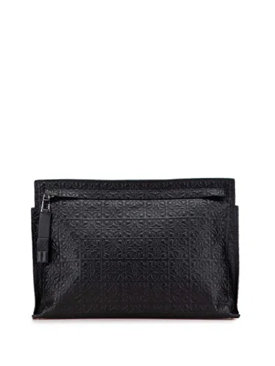Pre-owned Loewe 2019 Embossed Leather Anagram Repeat T Clutch Bag In Black