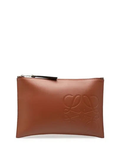 Pre-owned Loewe 2019 Leather Anagram Flat Pouch Clutch Bag In Brown