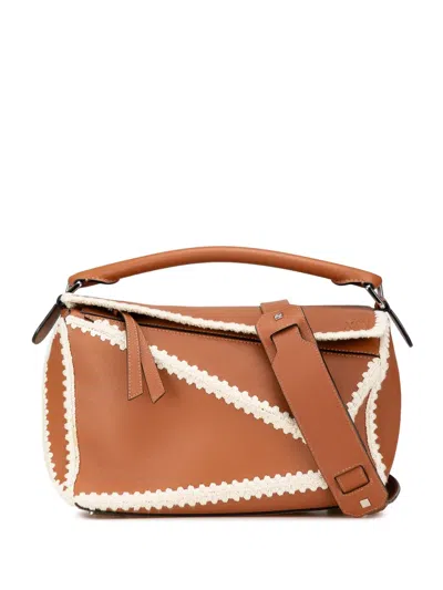 Pre-owned Loewe 2019 Medium Calfskin Crochet Trim Puzzle Satchel In Brown