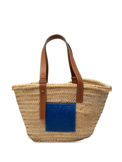 Pre-owned Loewe 2019 Medium Raffia Anagram Basket Tote Bag In Neutrals