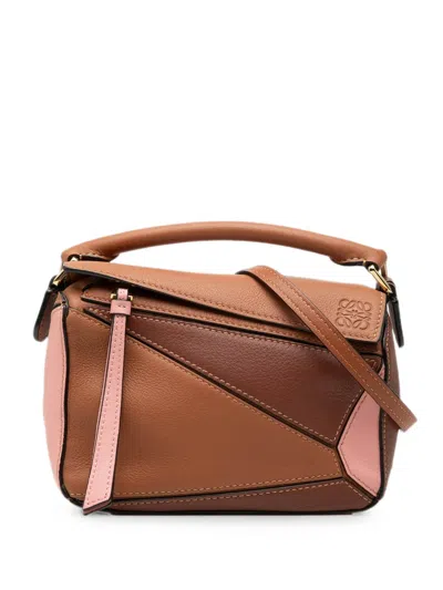 Pre-owned Loewe 2019 Mini Tricolor Calfskin Puzzle Satchel In Brown