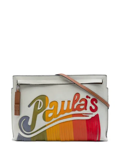 Pre-owned Loewe 2019 Paulas Ibiza Leather Fringe T Pouch Crossbody Bag In White