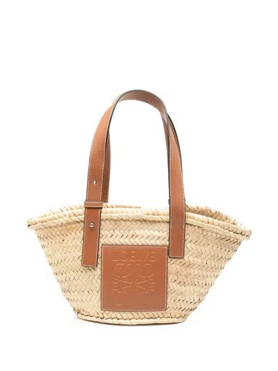 Pre-owned Loewe 2019 Small Raffia Anagram Basket Tote Bag In Brown