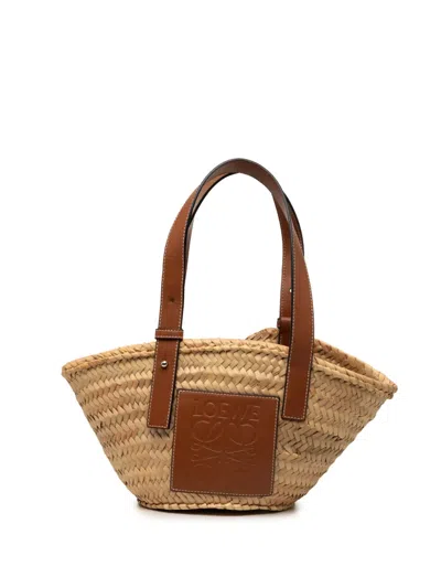 Pre-owned Loewe 2019 Small Raffia Anagram Basket Tote Bag In Neutral