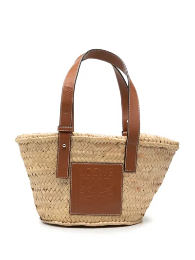 Pre-owned Loewe 2019 Small Raffia Anagram Basket Tote Bag In Neutral