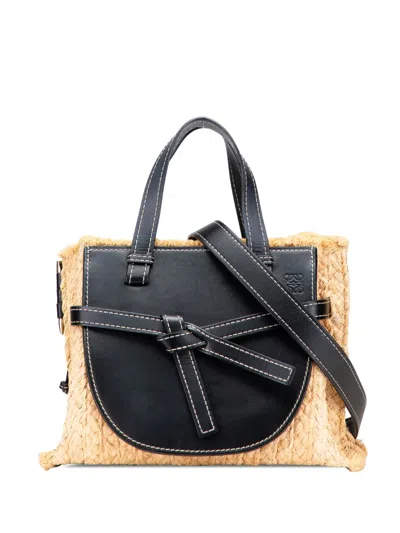 Pre-owned Loewe 2019 Small Raffia And Leather Gate Top Handle Bag Satchel In Brown