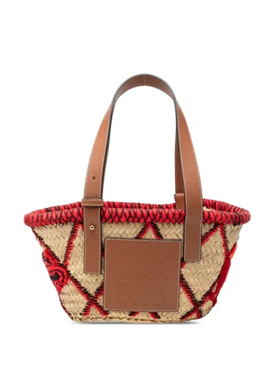 Pre-owned Loewe 2019 Small Raffia Animal Embroidered Anagram Basket Tote Bag In Neutrals