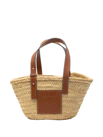 Pre-owned Loewe 2019-2026 Small Raffia Anagram Basket Tote Bag In Neutral