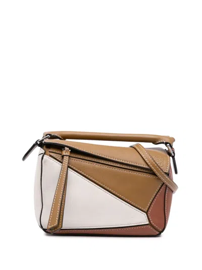 Pre-owned Loewe 2020 Mini Tricolor Calfskin Puzzle Satchel In Brown
