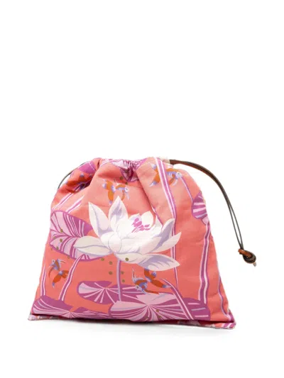 Pre-owned Loewe 2020 Paula Ibiza Canvas Waterlily Print Drawstring Pouch In Pink