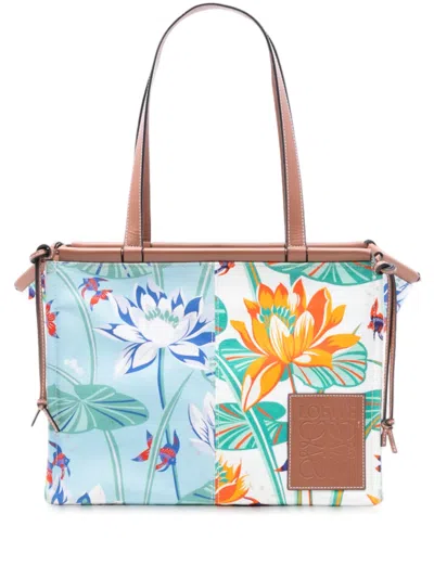 Pre-owned Loewe 2020 Paulas Ibiza Small Canvas Waterlily Print Cushion Tote Bag In Green