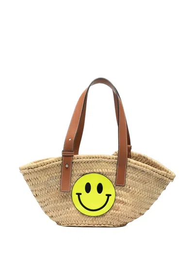 Pre-owned Loewe 2020 Paulas Ibiza Smiley Small Raffia Basket Tote Bag In Brown