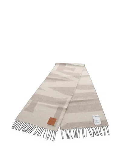 Pre-owned Loewe 2020s Anagram Fringed Scarf In Neutrals