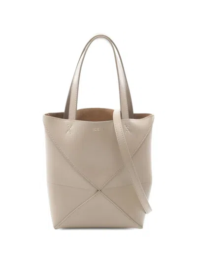 Pre-owned Loewe 2020s Mini Leather Puzzle Fold Bucket Bag In Neutral