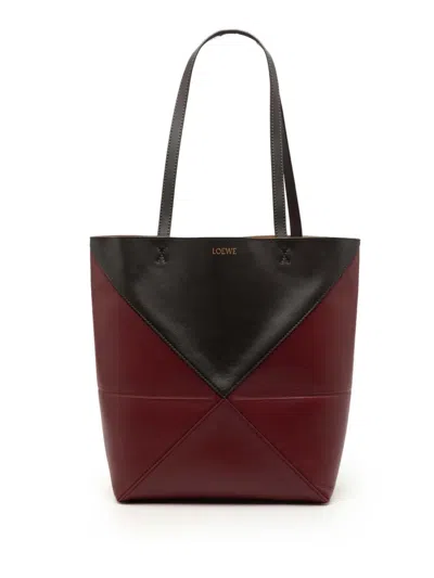 Pre-owned Loewe 2021 Medium Bicolor Shiny Calfskin Puzzle Fold Tote Bag In Red