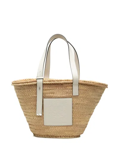 Pre-owned Loewe 2021 Medium Raffia Anagram Basket Tote Bag In White