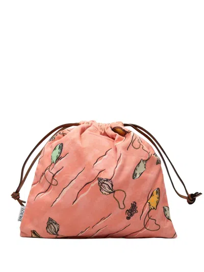Pre-owned Loewe 2021 Paulas Ibiza Canvas Seashell Print Drawstring Pouch In Pink