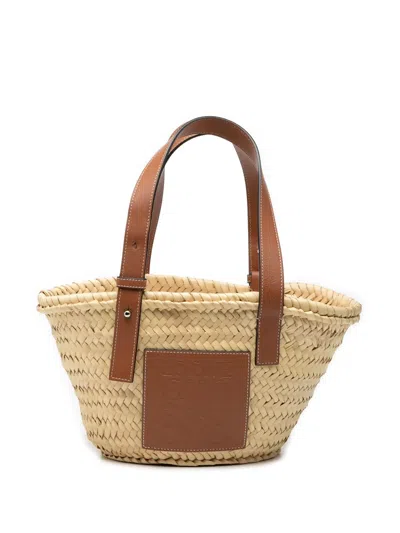 Pre-owned Loewe 2021 Small Raffia Anagram Basket Tote Bag In Neutral