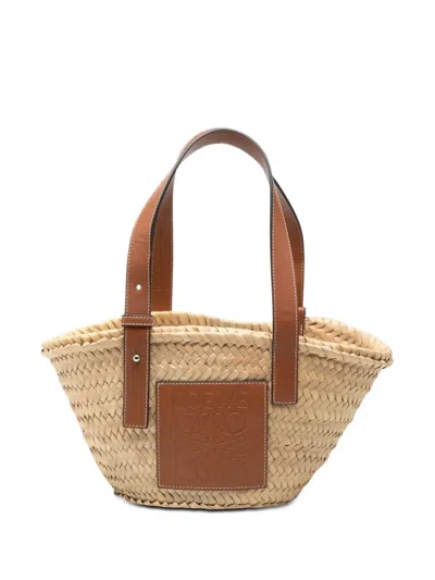 Pre-owned Loewe 2021 Small Raffia Anagram Basket Tote Bag In Neutral
