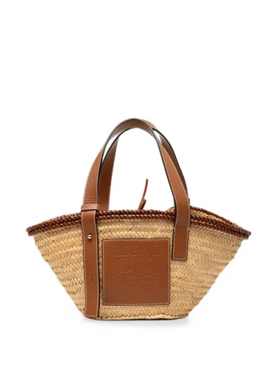 Pre-owned Loewe 2021 Small Raffia Anagram Basket Tote Bag In Neutrals