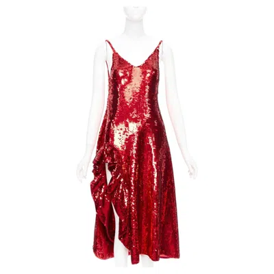 Pre-owned Loewe 2022 Runway Jw Anderson Red Sequined Wool Ruffle Midi Dress Gal Gadot