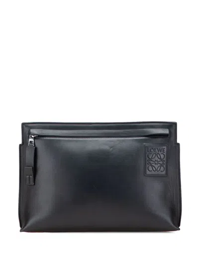 Pre-owned Loewe 2023 Anagram Debossed Leather T Clutch Bag In Black