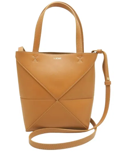Pre-owned Loewe 2023 Mini Shiny Calfskin Puzzle Fold Tote Satchel In Brown