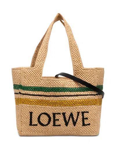 Pre-owned Loewe 2023 Paulas Ibiza Medium Raffia Striped Font Tote Satchel In Neutral